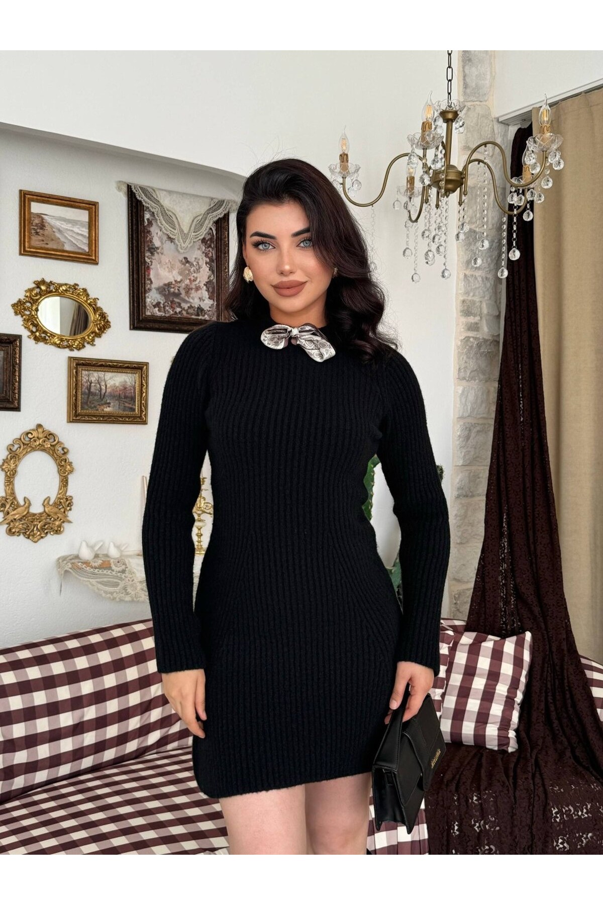 Keans Fular Detaylı Elbise ETK-20007-siyah