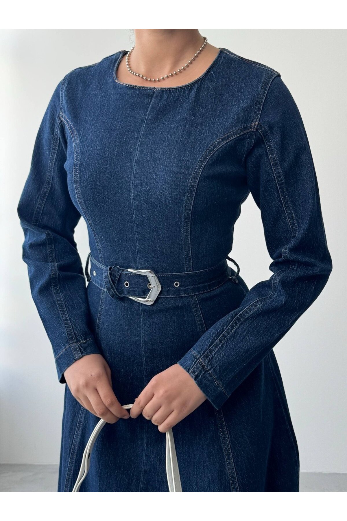 Junsa Kemer Detaylı Denim Elbise ETK-9836-koyu-mavi