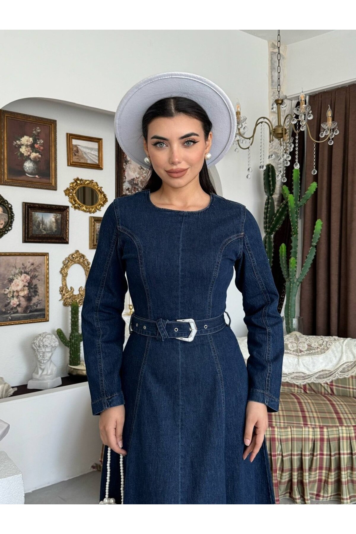 Junsa Kemer Detaylı Denim Elbise ETK-9836-koyu-mavi