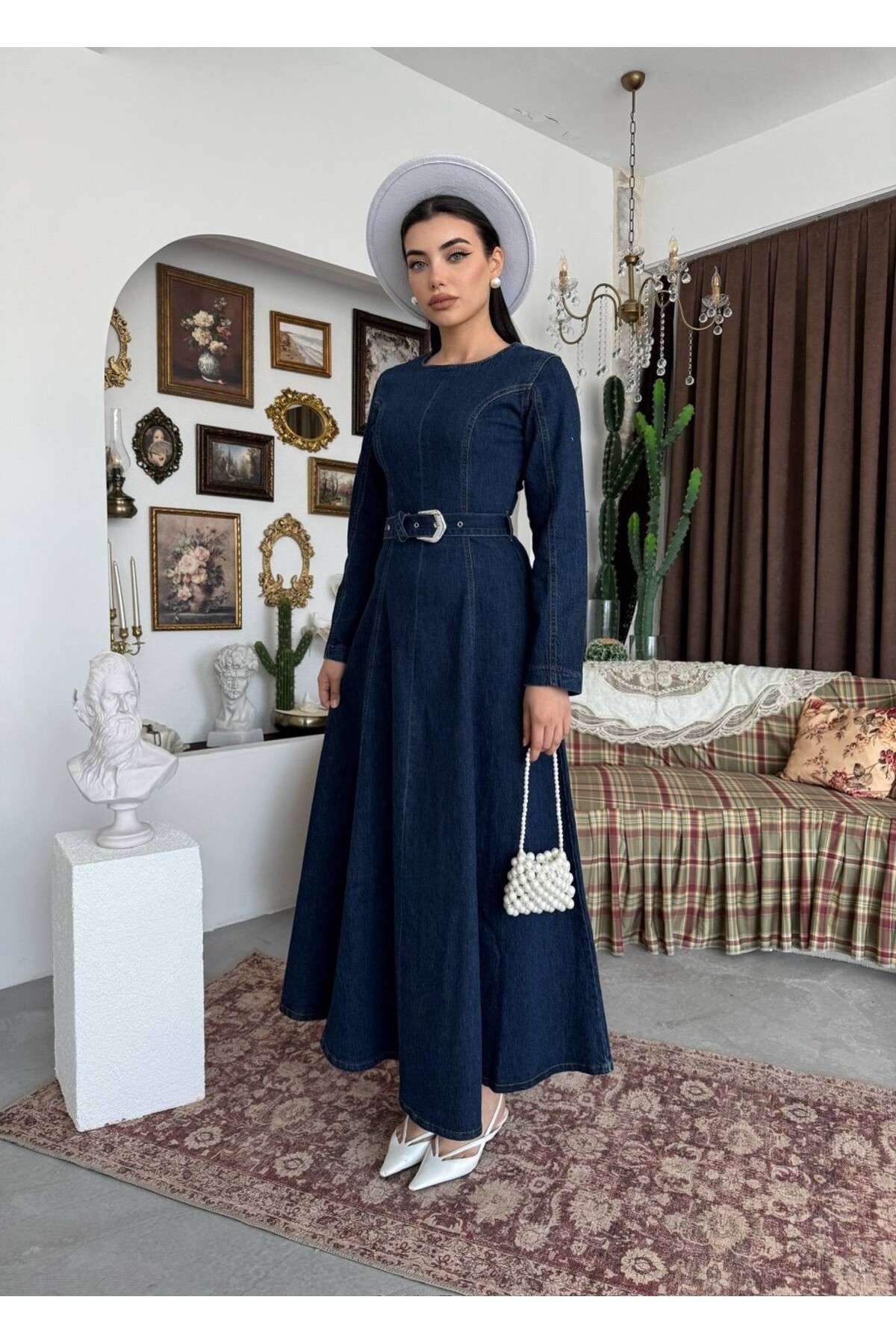 Junsa Kemer Detaylı Denim Elbise ETK-9836-koyu-mavi
