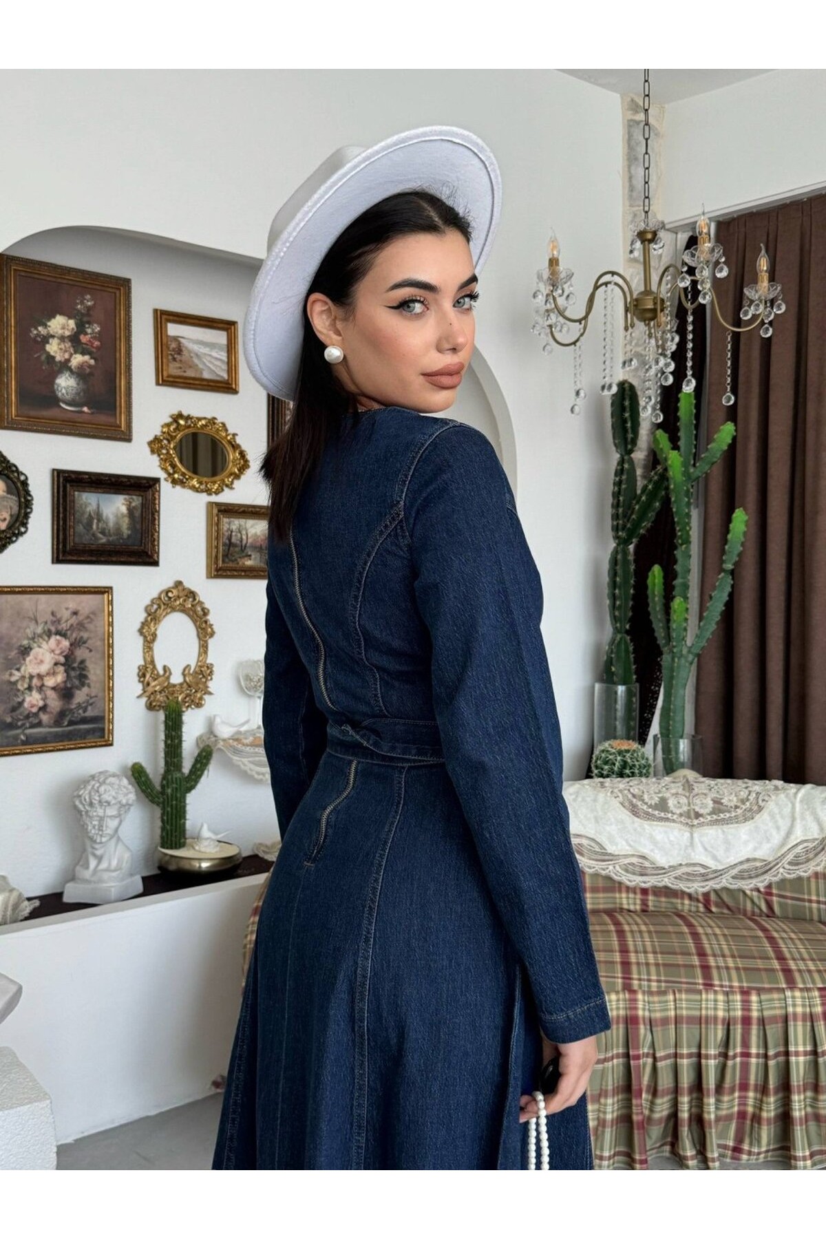 Junsa Kemer Detaylı Denim Elbise ETK-9836-koyu-mavi
