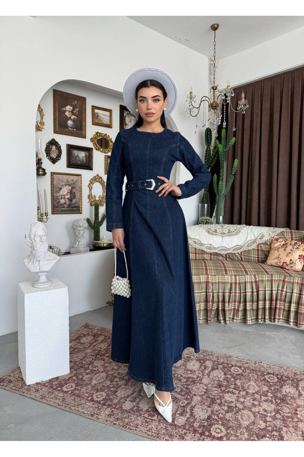 Junsa Kemer Detaylı Denim Elbise ETK-9836-koyu-mavi