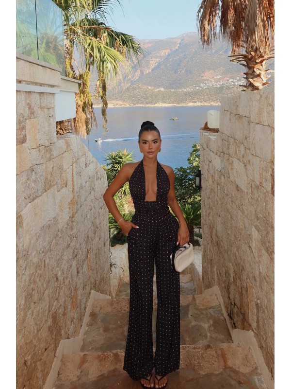 Siyah Gül Detay Puantiyeli Tulum siyah