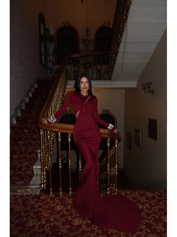 Vişne Çürüğü Pencere Detay Uzun Elbise vi̇şne çürüğü