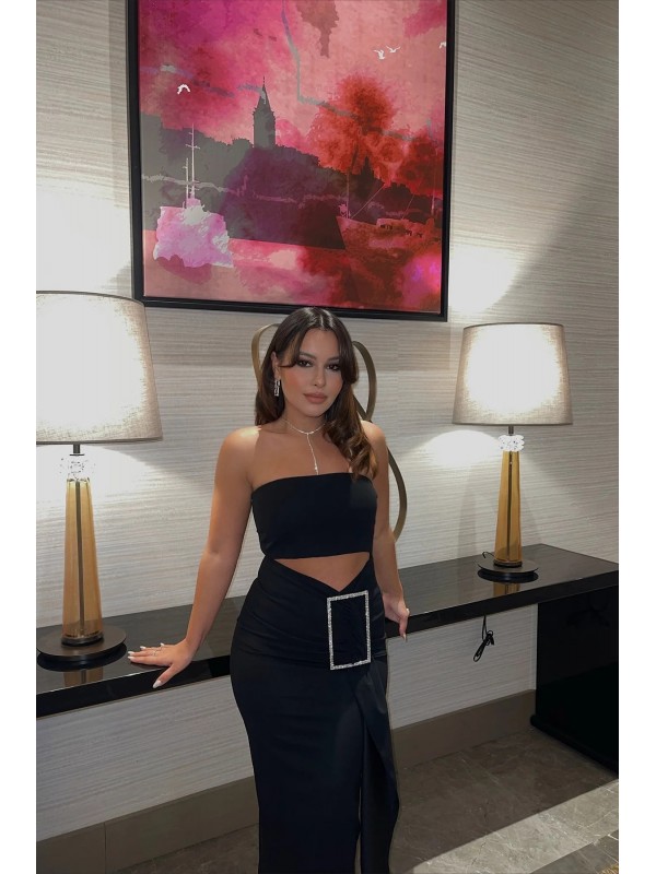 Siyah Taş Detay Elbise siyah