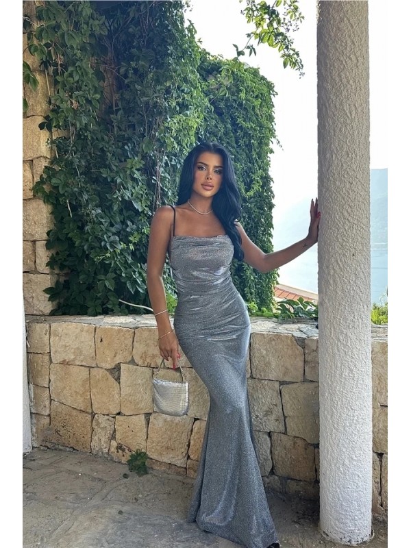 Gri Askılı Simli Uzun Abiye Elbise gri̇