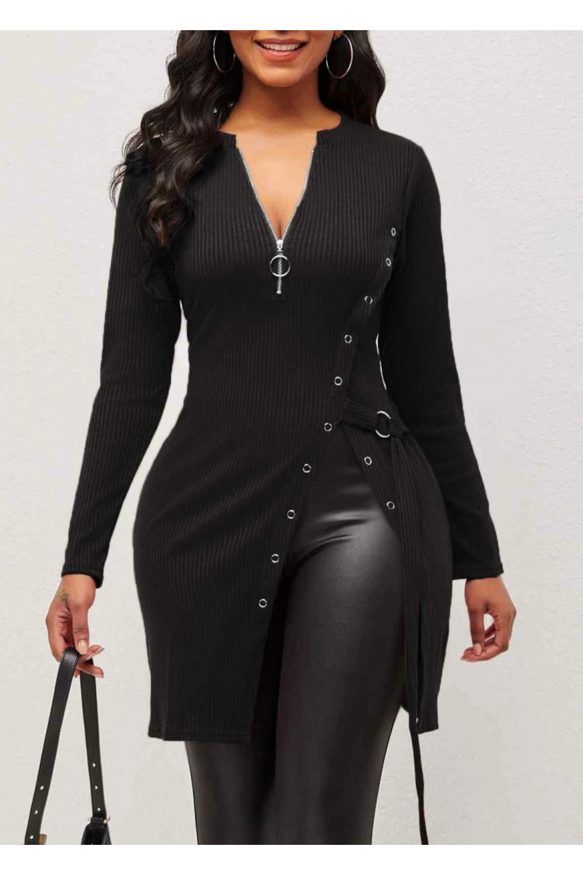 Women's Long Sleeve Zippered Side Slit Snap Button Detail Ribbed Camisole Dress, 6773