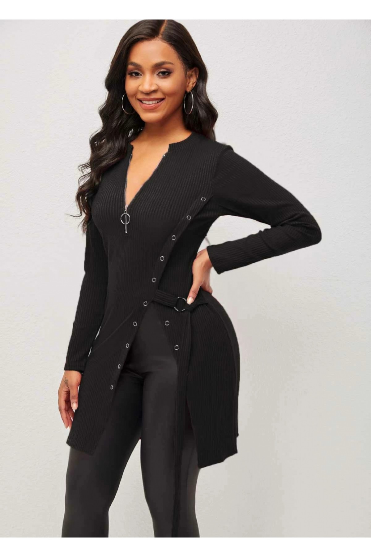 Women's Long Sleeve Zippered Side Slit Snap Button Detail Ribbed Camisole Dress, 6773