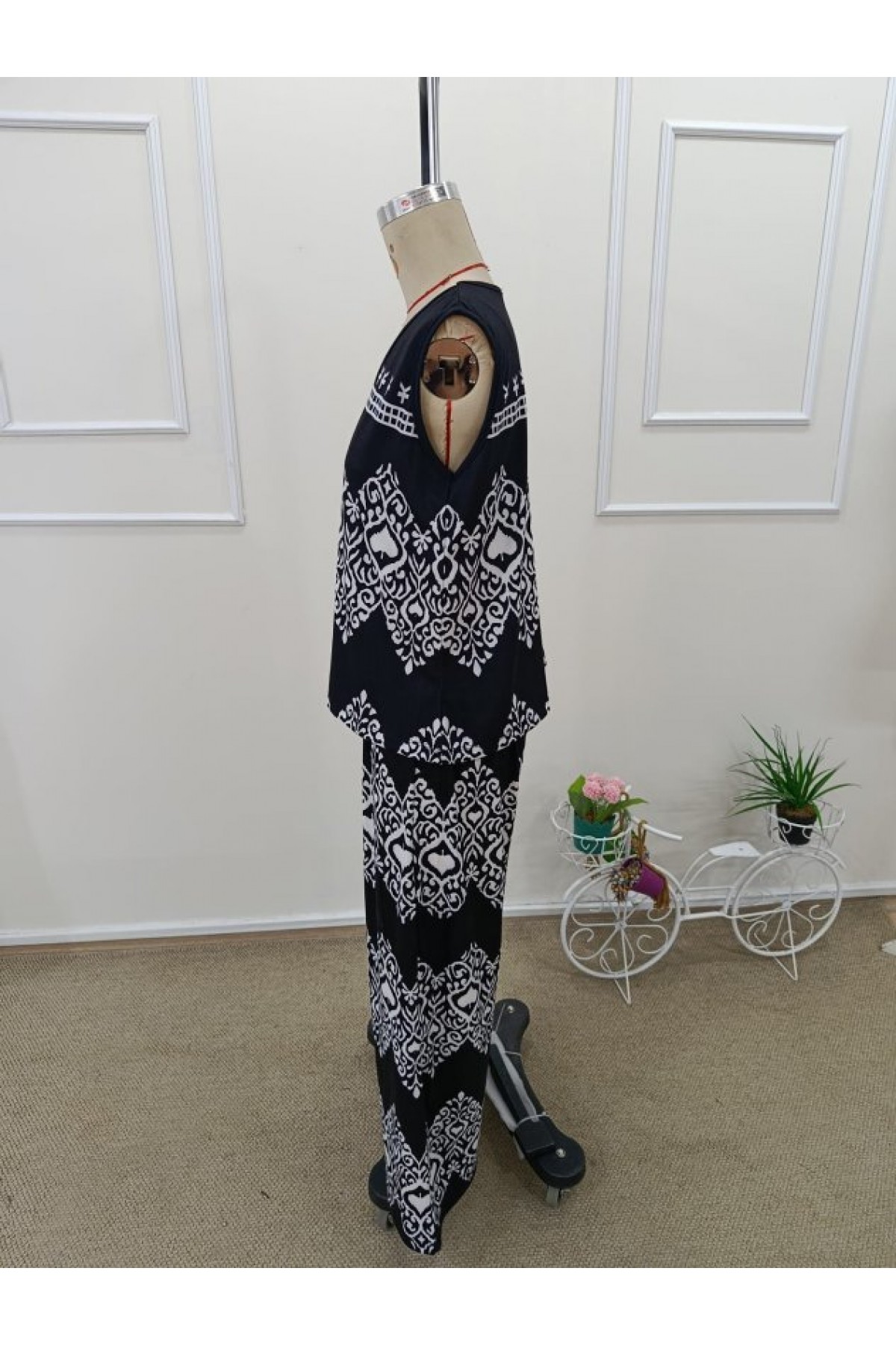 Kadın Askılı V Yakalı Desenli Bluz Ve Pantolon Süprem Ikili Takım , 32464