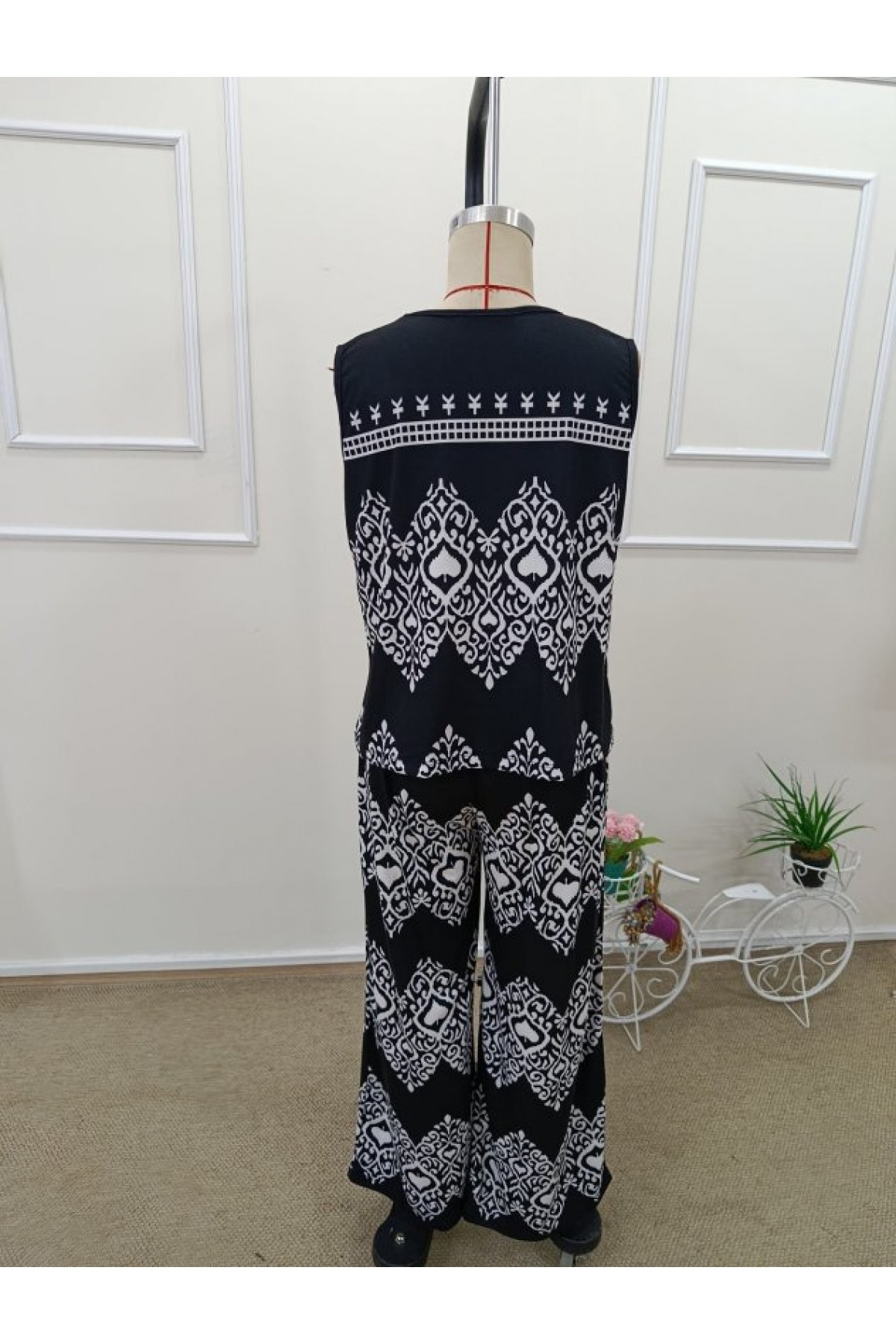 Kadın Askılı V Yakalı Desenli Bluz Ve Pantolon Süprem Ikili Takım , 32464