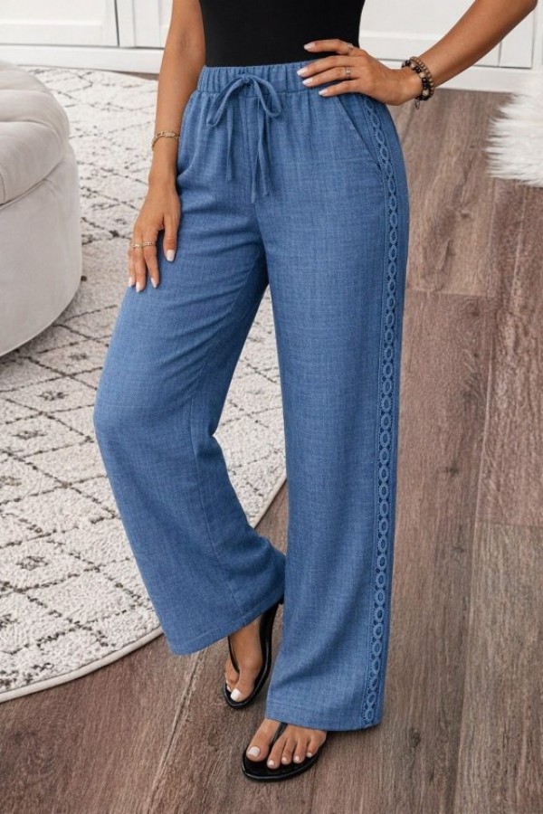 Kadın Yüksek Bel Süs Bağcıklı Yandan Dantel Detay Uzun Pantolon , 32532