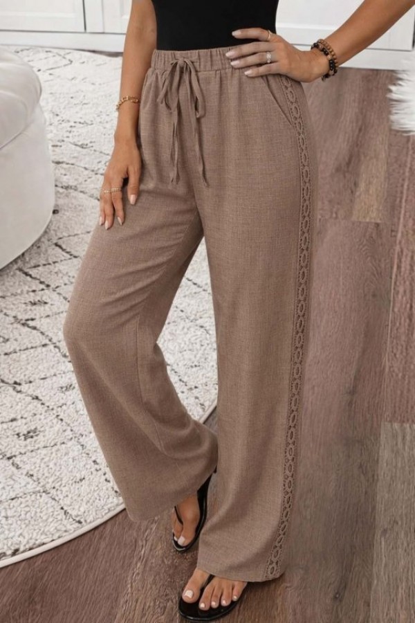 Kadın Yüksek Bel Süs Bağcıklı Yandan Dantel Detay Uzun Pantolon , 32533