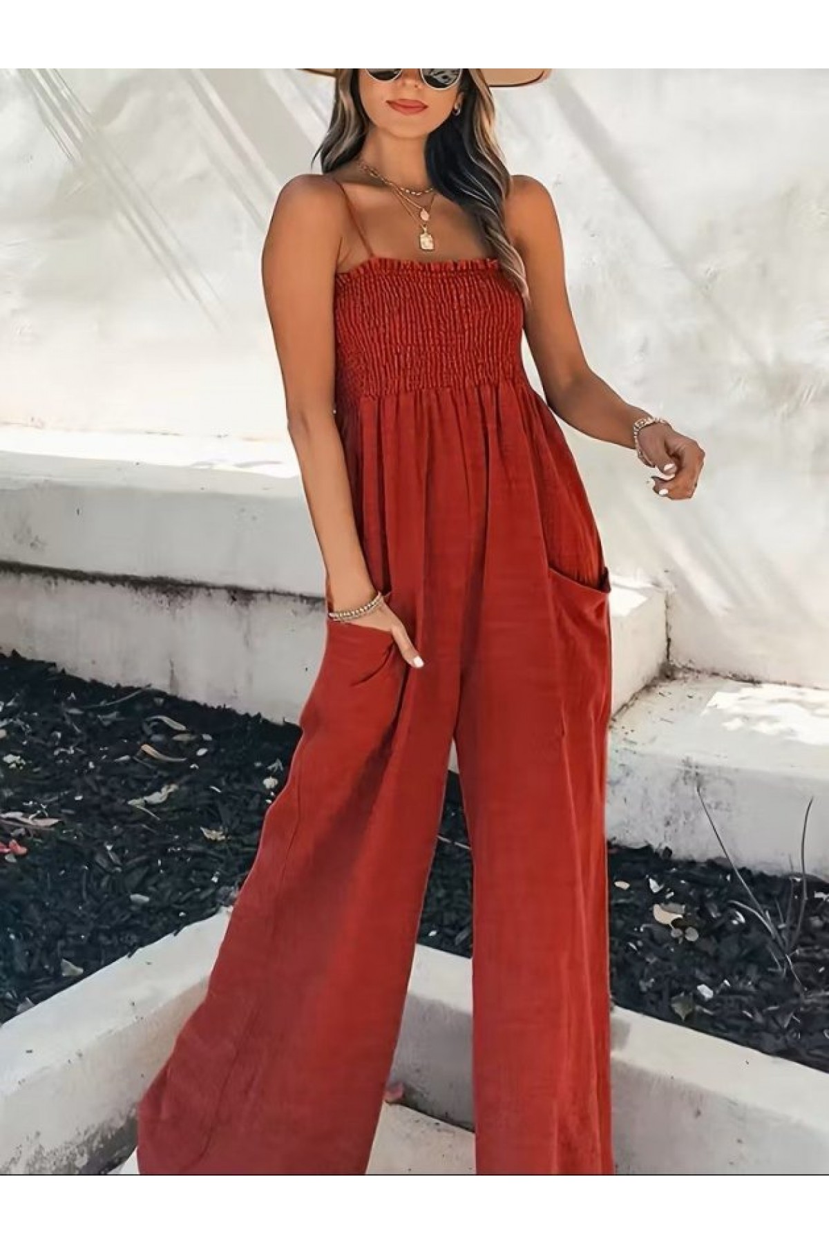 Kadın Ip Askılı Göğsü Lastik Detaylı Cepli Uzun Tulum, 32655