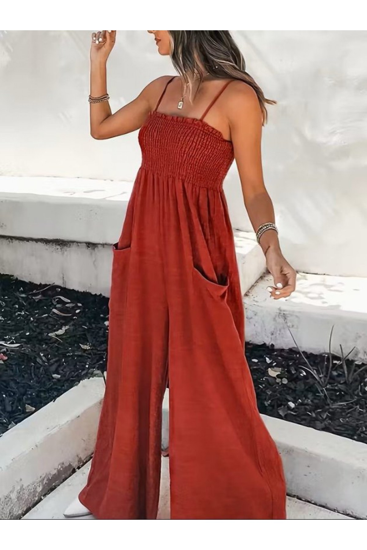 Kadın Ip Askılı Göğsü Lastik Detaylı Cepli Uzun Tulum, 32655