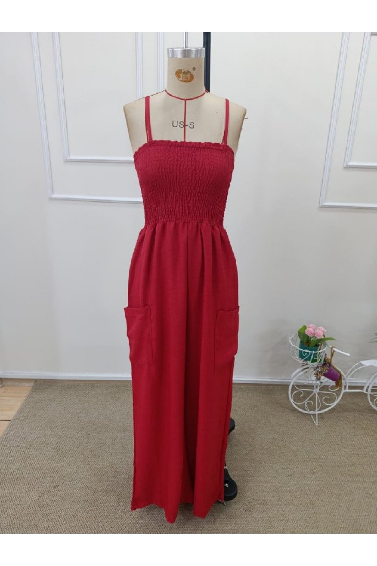 Kadın Ip Askılı Göğsü Lastik Detaylı Cepli Uzun Tulum, 32655