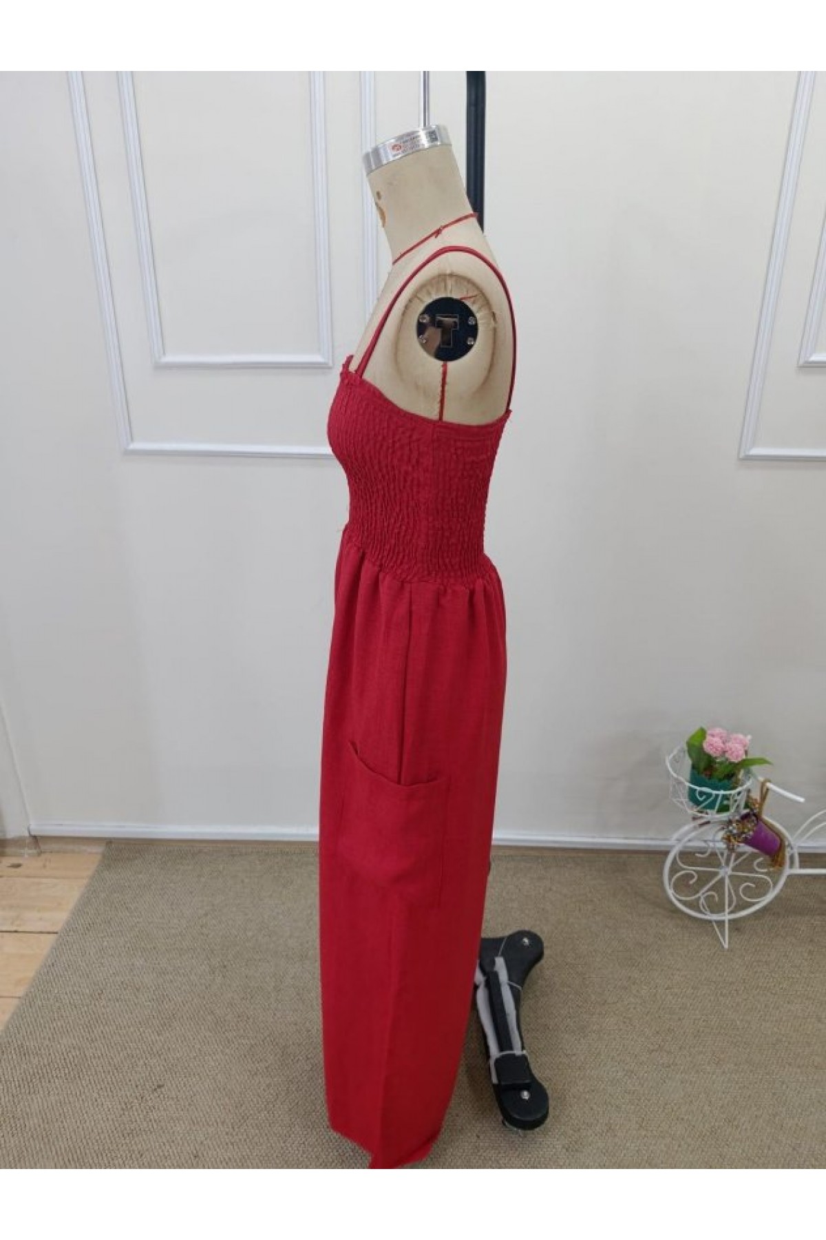 Kadın Ip Askılı Göğsü Lastik Detaylı Cepli Uzun Tulum, 32655