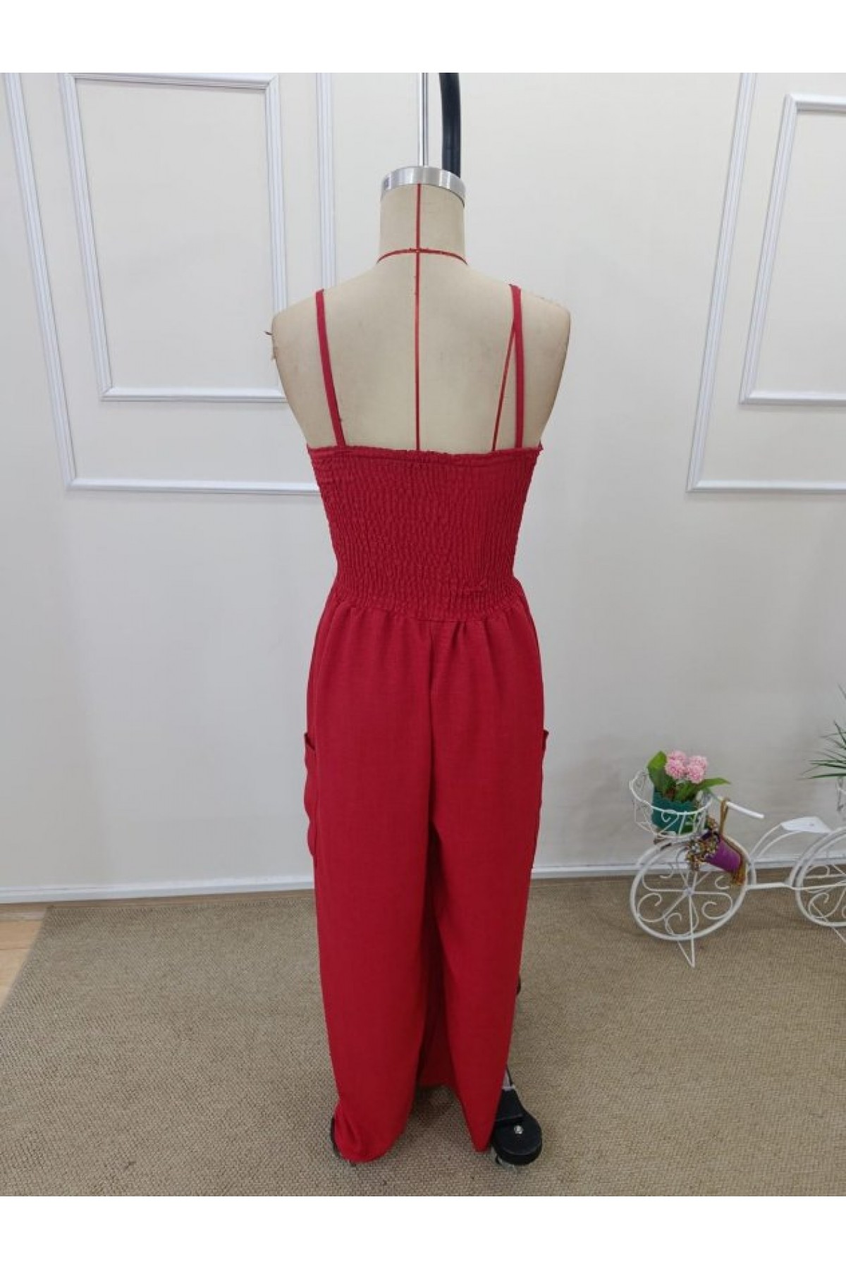 Kadın Ip Askılı Göğsü Lastik Detaylı Cepli Uzun Tulum, 32655