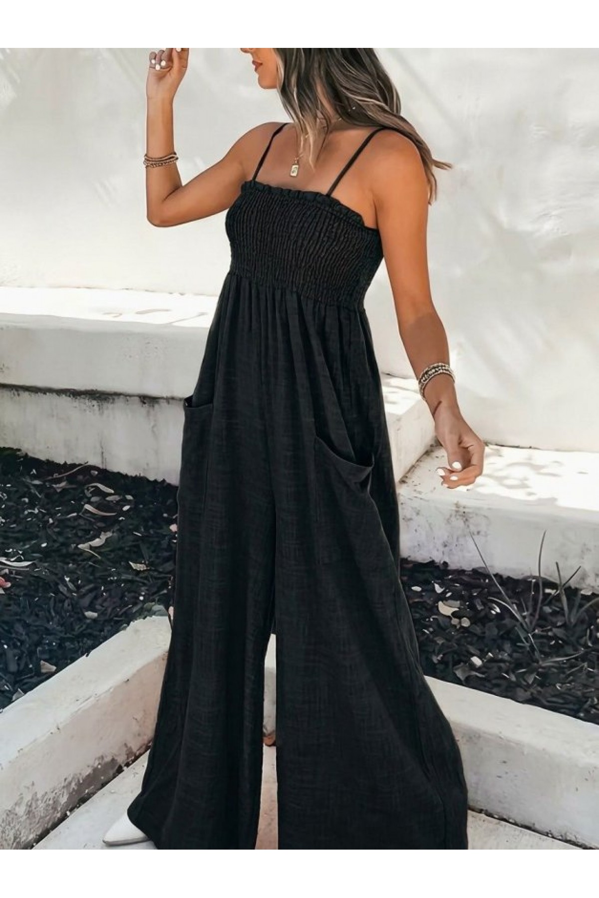 Kadın Ip Askılı Göğsü Lastik Detaylı Cepli Uzun Tulum, 32653