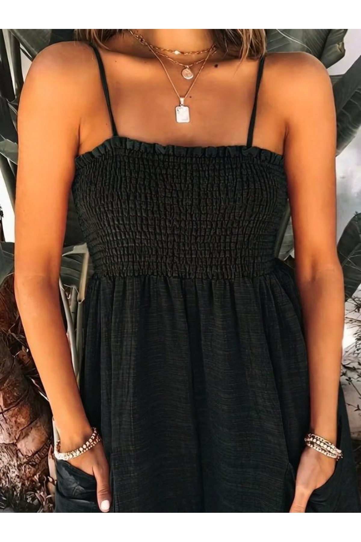 Kadın Ip Askılı Göğsü Lastik Detaylı Cepli Uzun Tulum, 32653