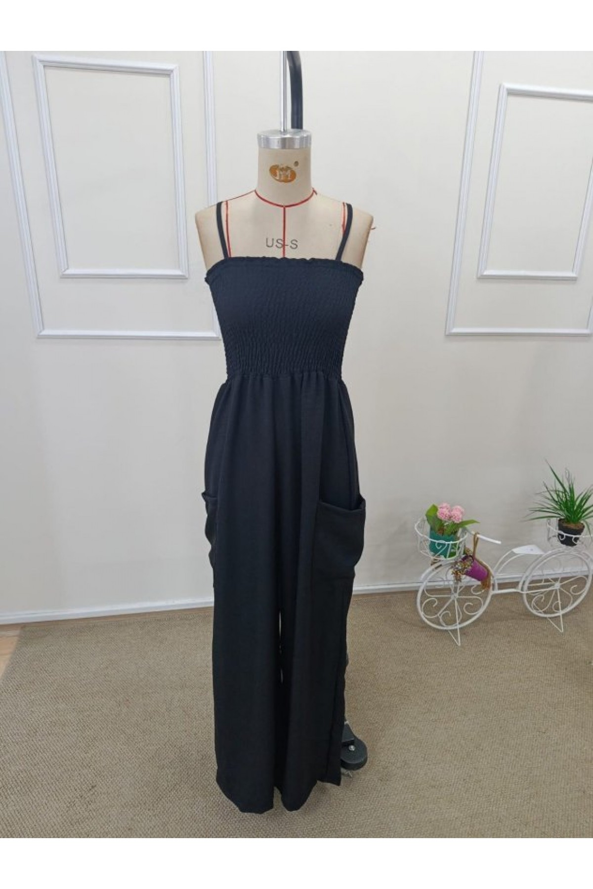 Kadın Ip Askılı Göğsü Lastik Detaylı Cepli Uzun Tulum, 32653