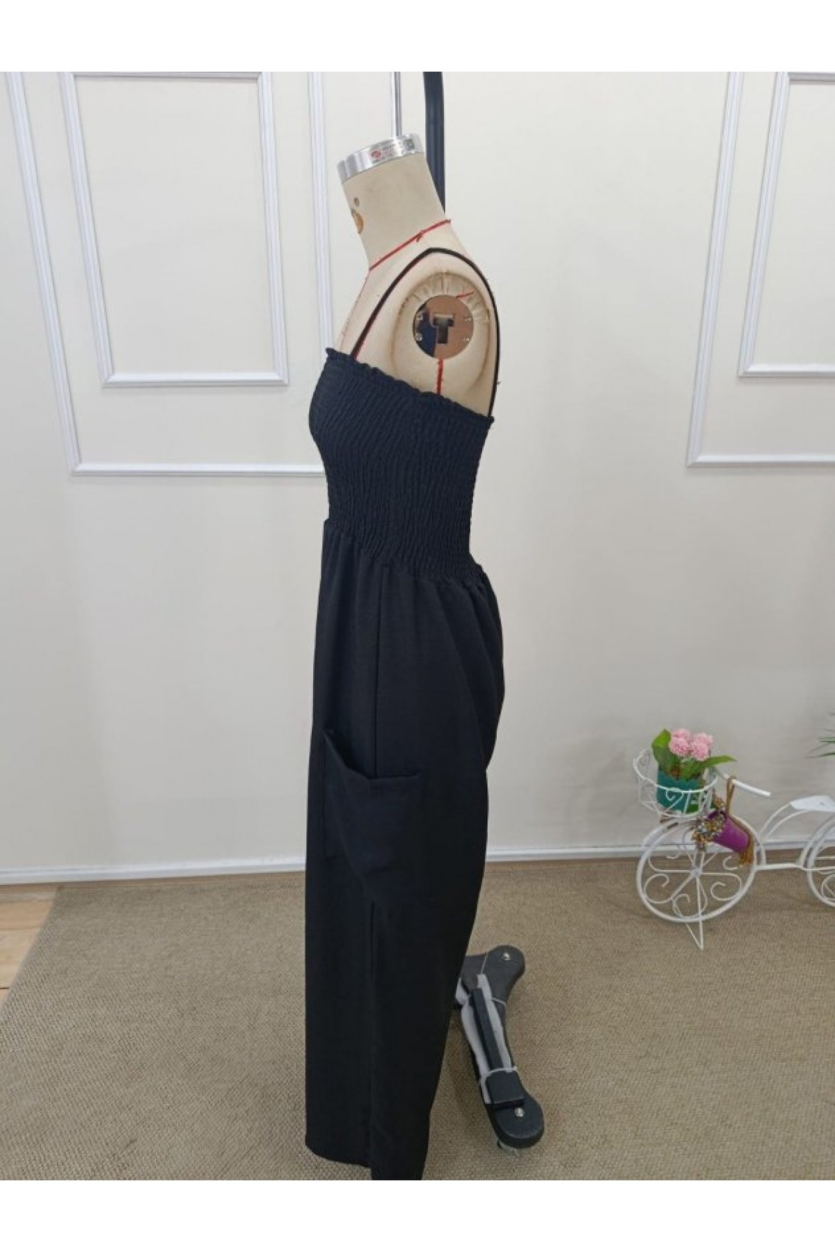 Kadın Ip Askılı Göğsü Lastik Detaylı Cepli Uzun Tulum, 32653