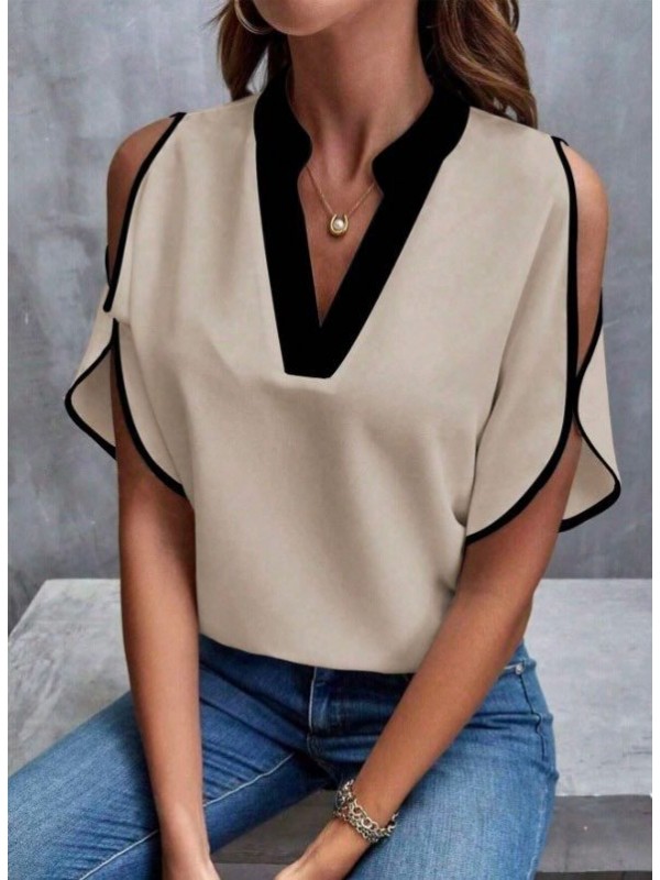 Kadın Kısa Kollu V Yakalı Ithal Krep Bluz , 33363
