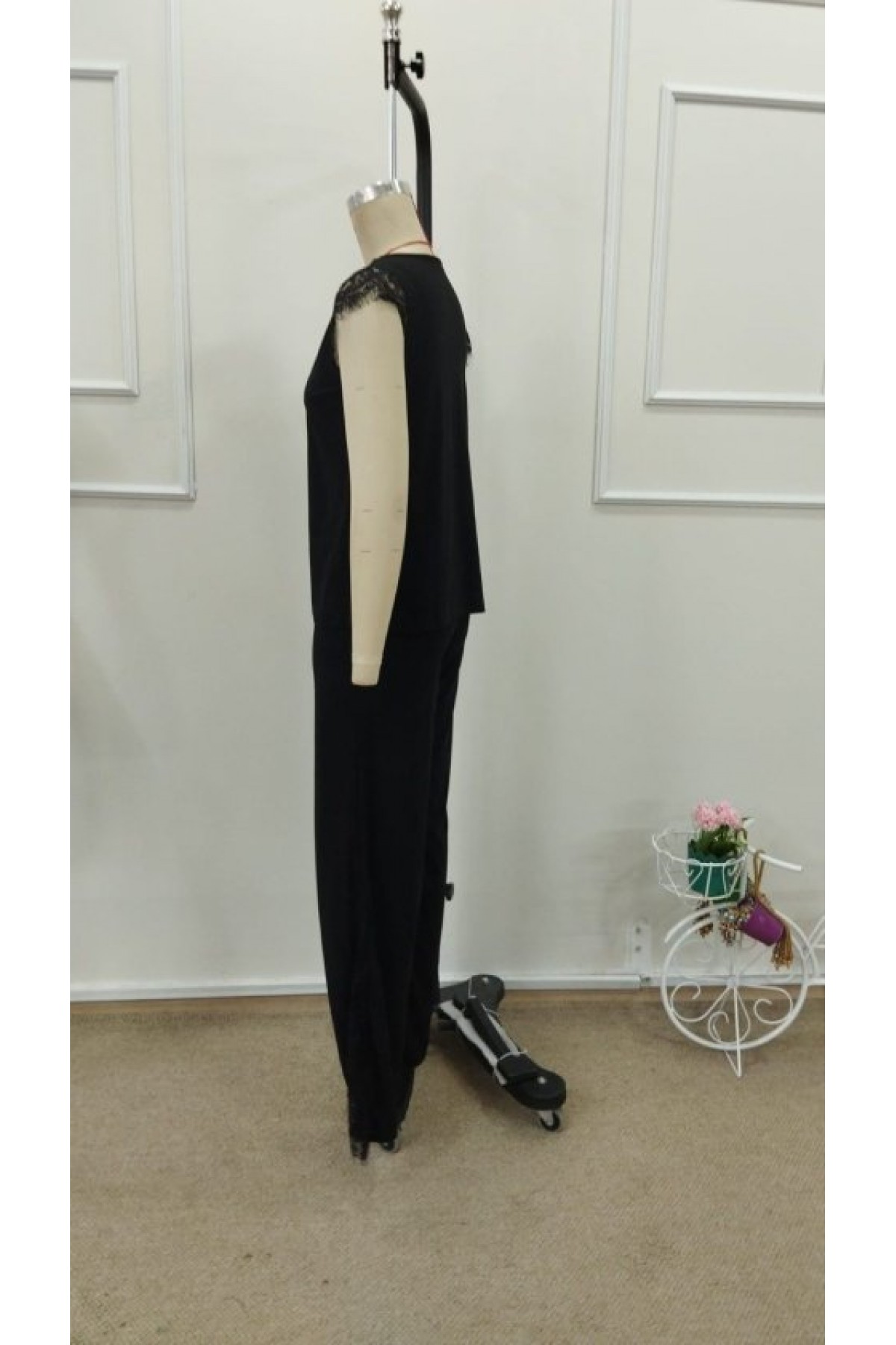 Kadın Kısa Kollu V Dantel Yakalı Sandy Bluz Pantolon Ikili Takım , 33093