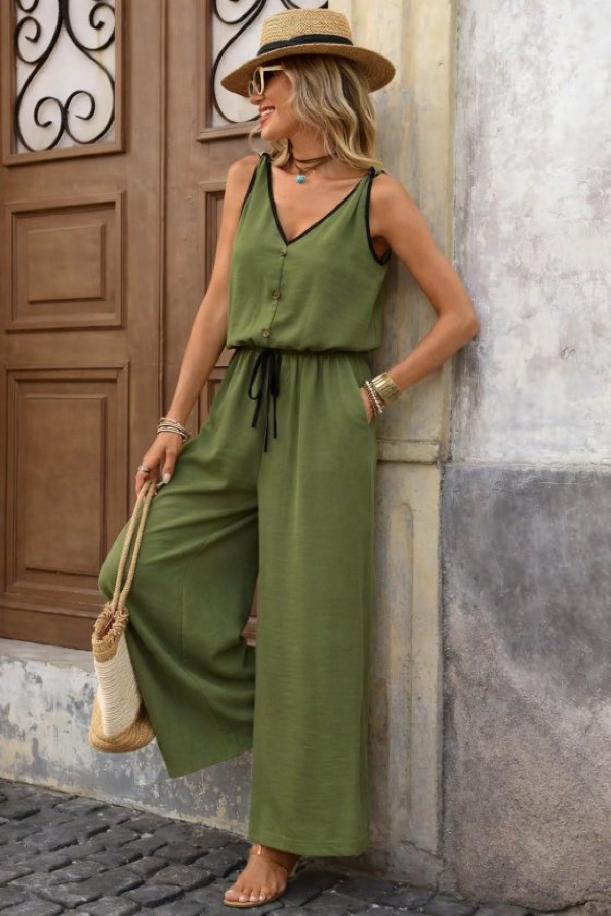 Kadın Askıdan Bağlamalı V Yakalı Belden Süs Bağcıklı Tulum , 33114