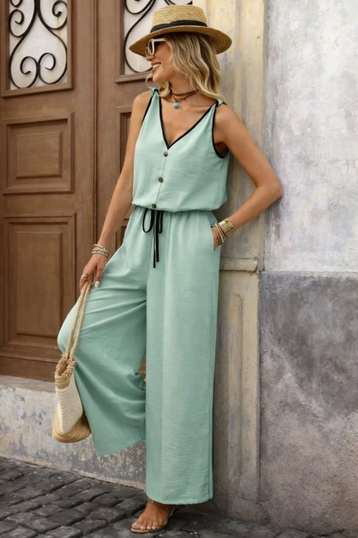 Kadın Askıdan Bağlamalı V Yakalı Belden Süs Bağcıklı Tulum , 33113