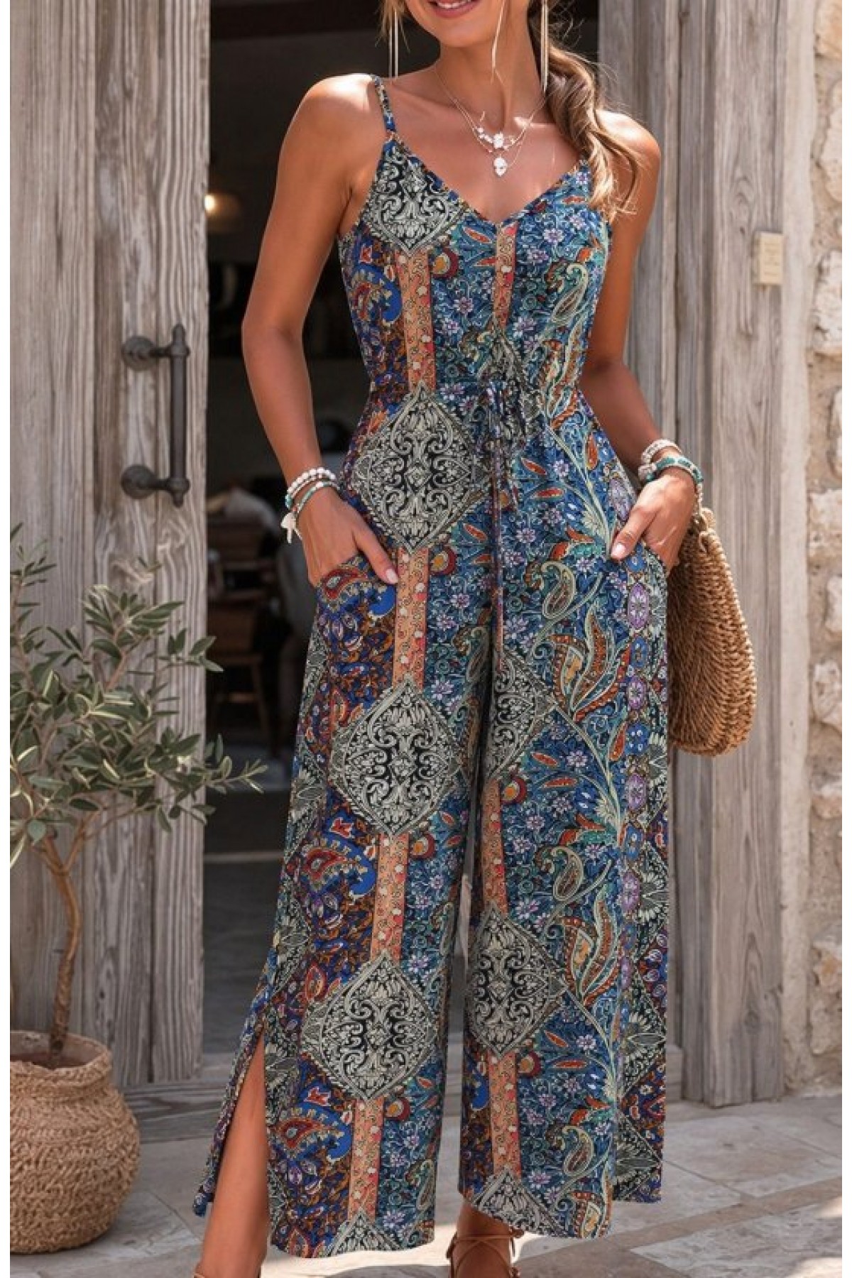 Kadın Ip Askılı V Yakalı Cep Detaylı Desenli Uzun Süprem Tulum, 33461