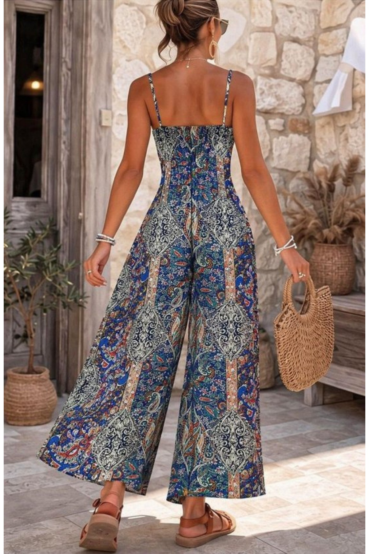 Kadın Ip Askılı V Yakalı Cep Detaylı Desenli Uzun Süprem Tulum, 33461