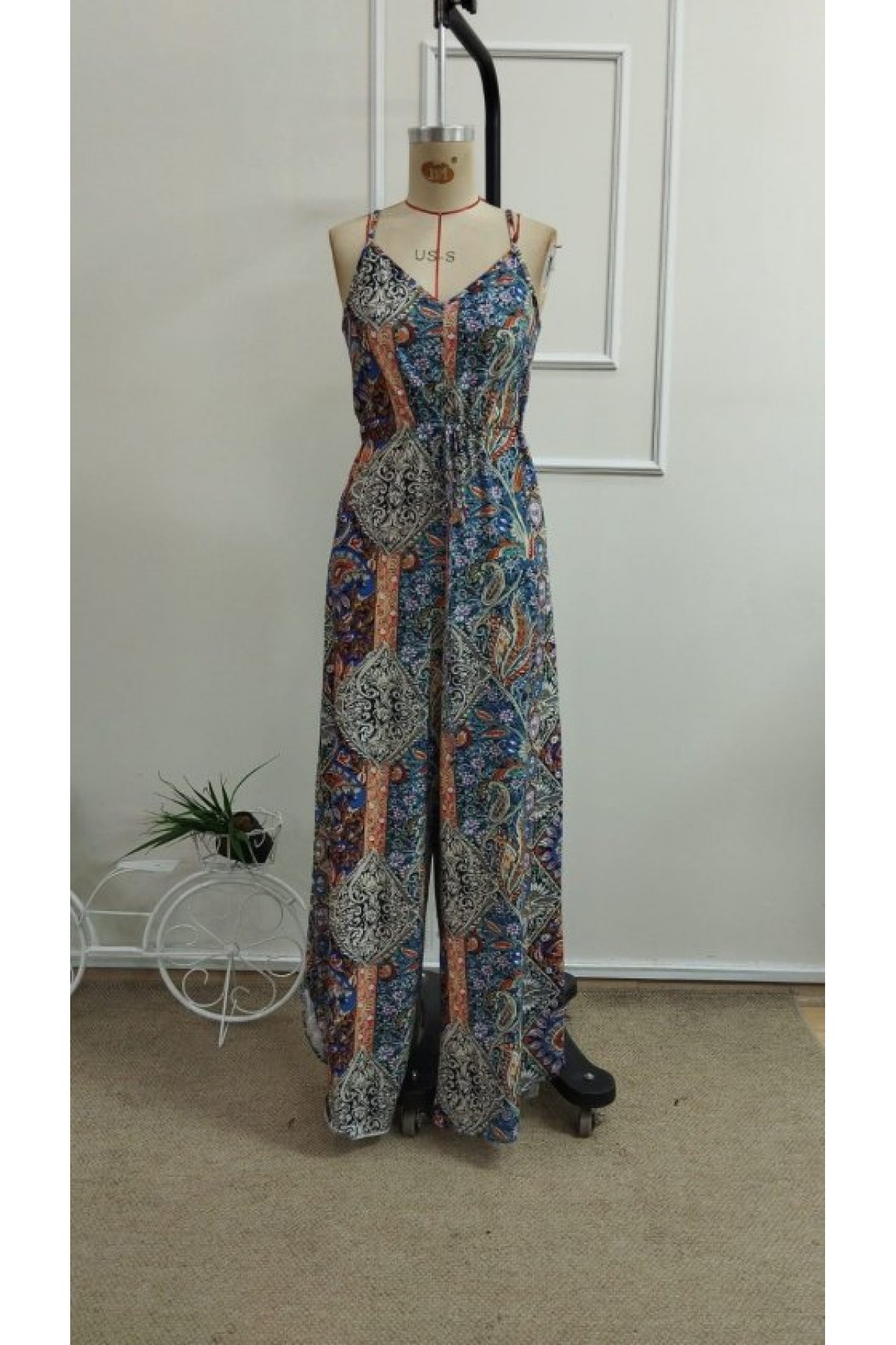 Kadın Ip Askılı V Yakalı Cep Detaylı Desenli Uzun Süprem Tulum, 33461