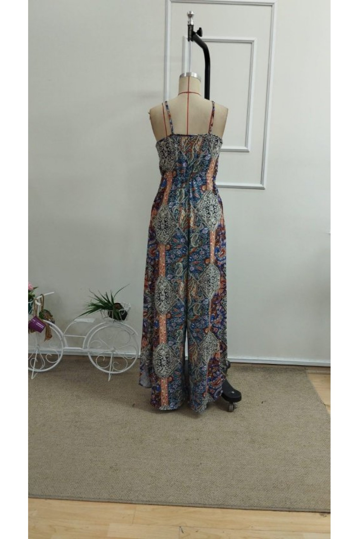 Kadın Ip Askılı V Yakalı Cep Detaylı Desenli Uzun Süprem Tulum, 33461