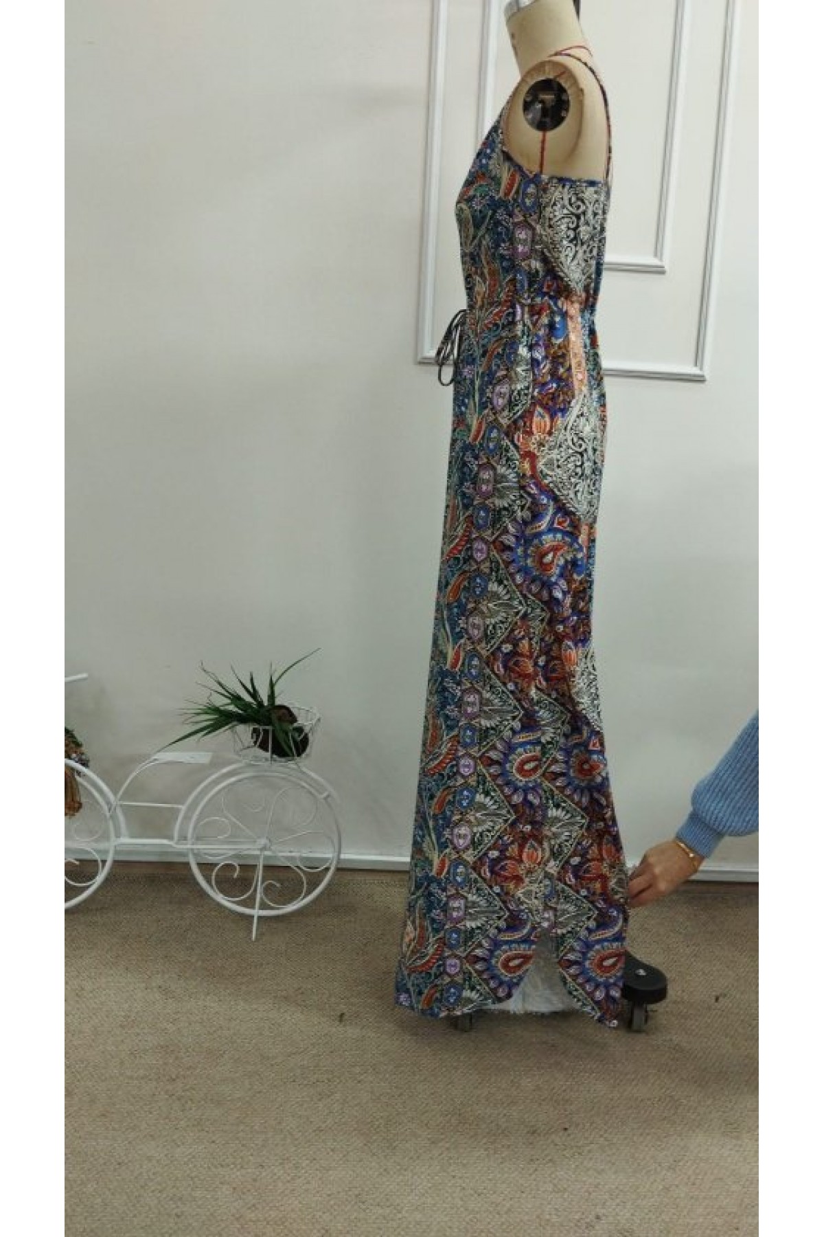 Kadın Ip Askılı V Yakalı Cep Detaylı Desenli Uzun Süprem Tulum, 33461