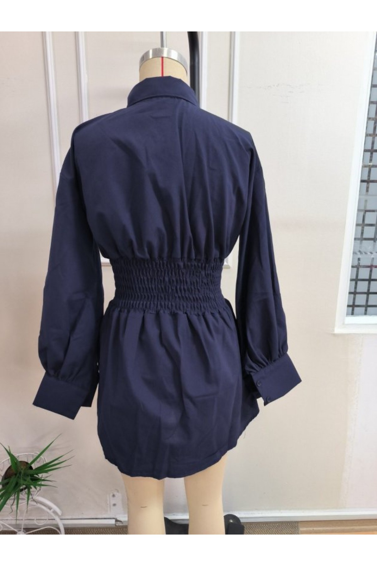 Kadın Uzun Kollu Yakalı Beli Lastikli Trikoton Bluz, 38565