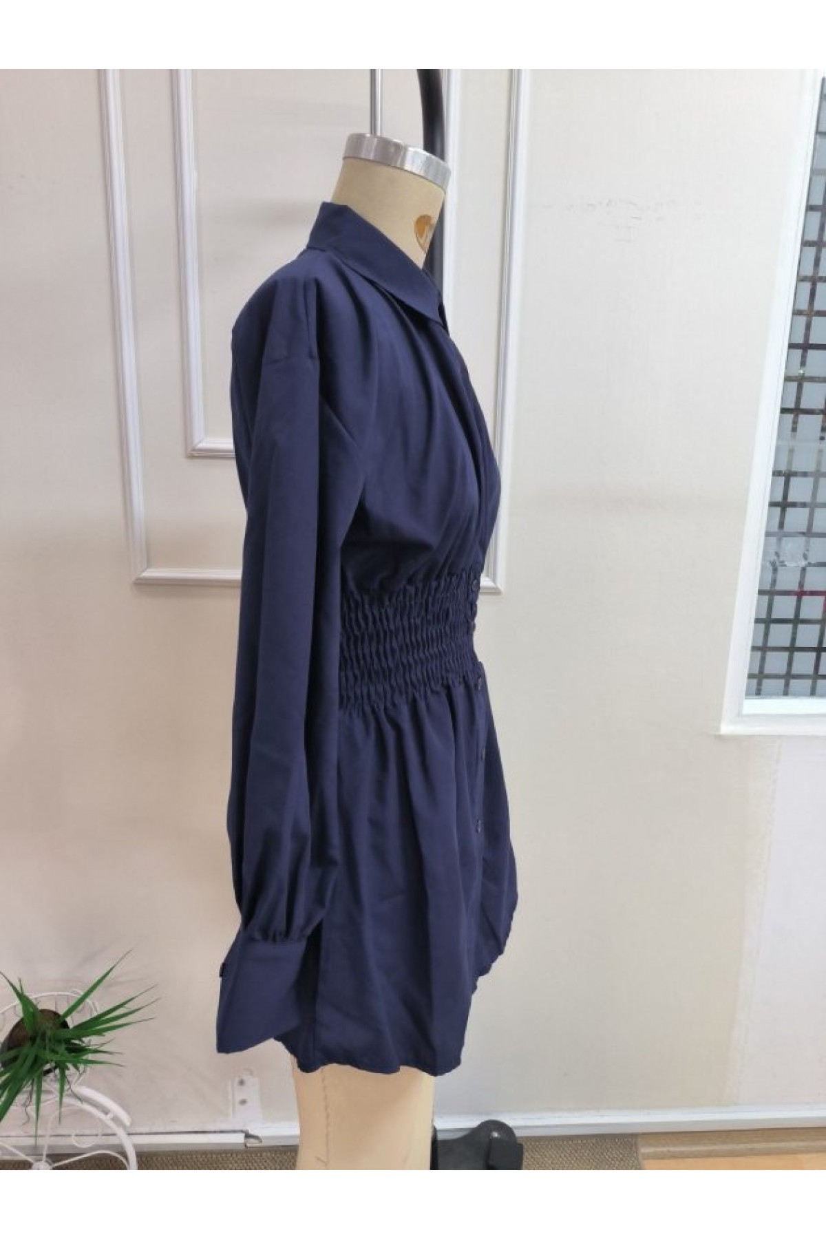 Kadın Uzun Kollu Yakalı Beli Lastikli Trikoton Bluz, 38565
