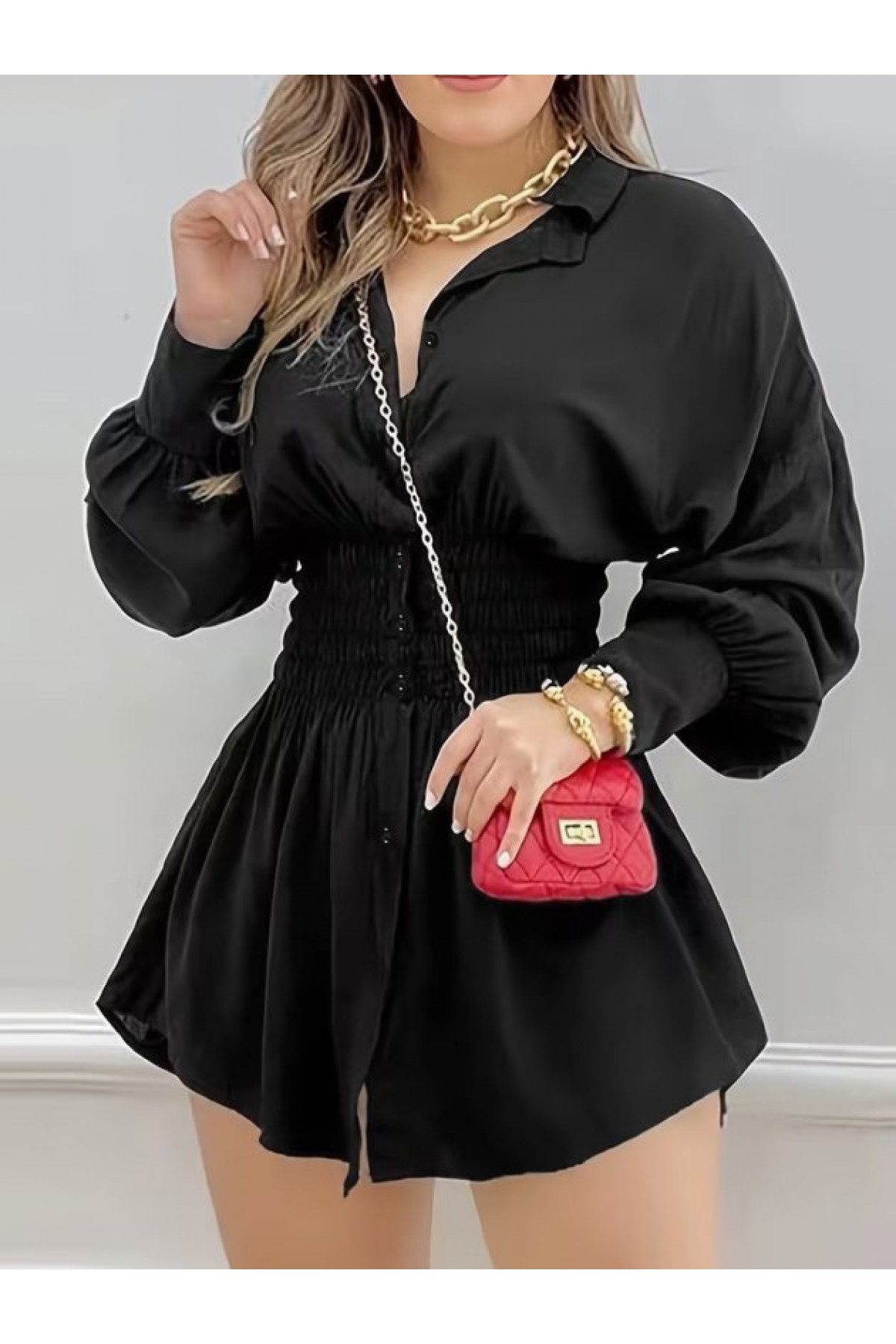 Kadın Uzun Kollu Yakalı Beli Lastikli Trikoton Bluz, 38564