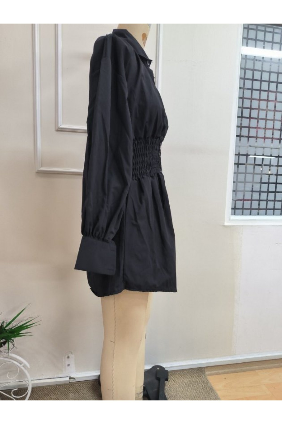 Kadın Uzun Kollu Yakalı Beli Lastikli Trikoton Bluz, 38564