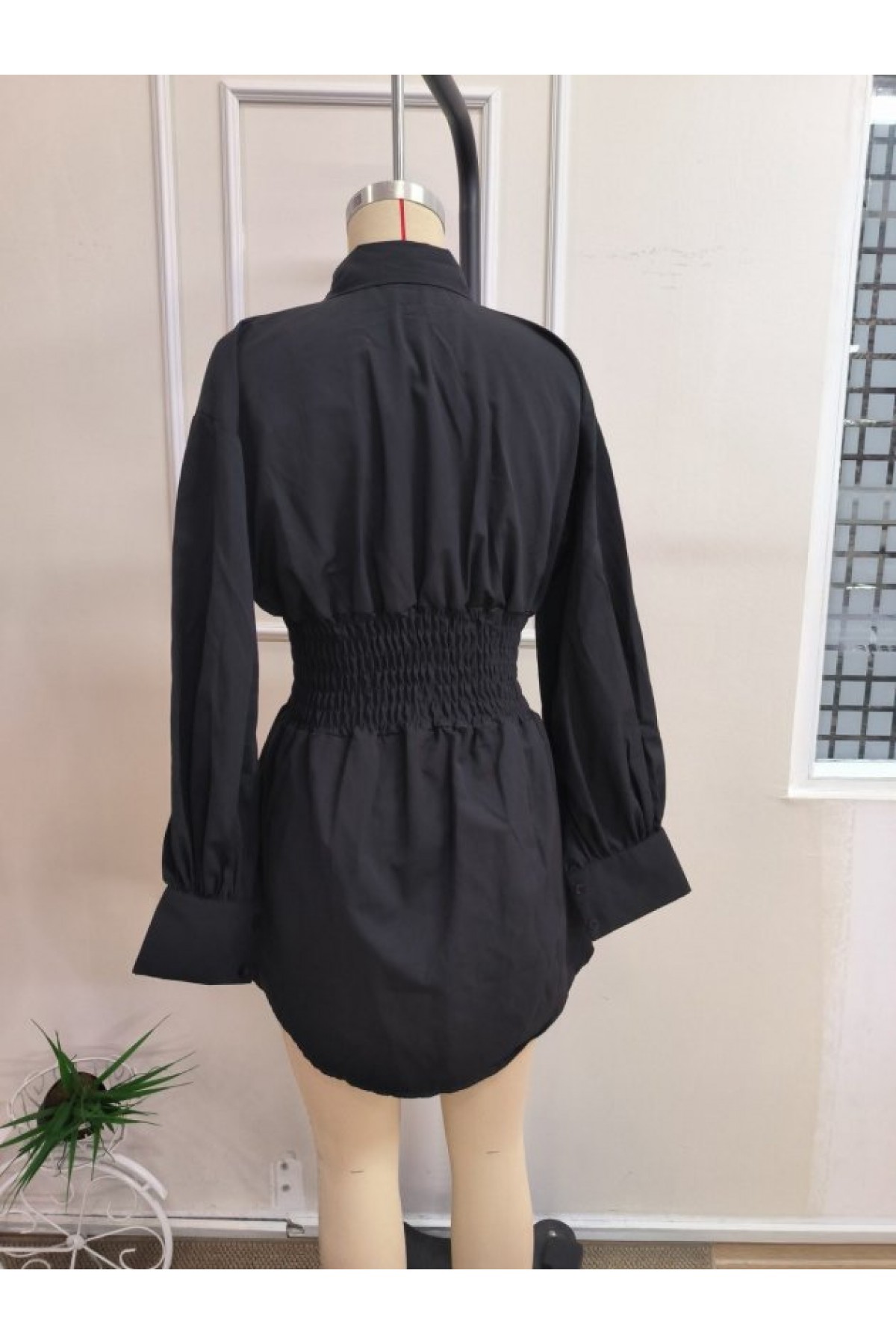 Kadın Uzun Kollu Yakalı Beli Lastikli Trikoton Bluz, 38564