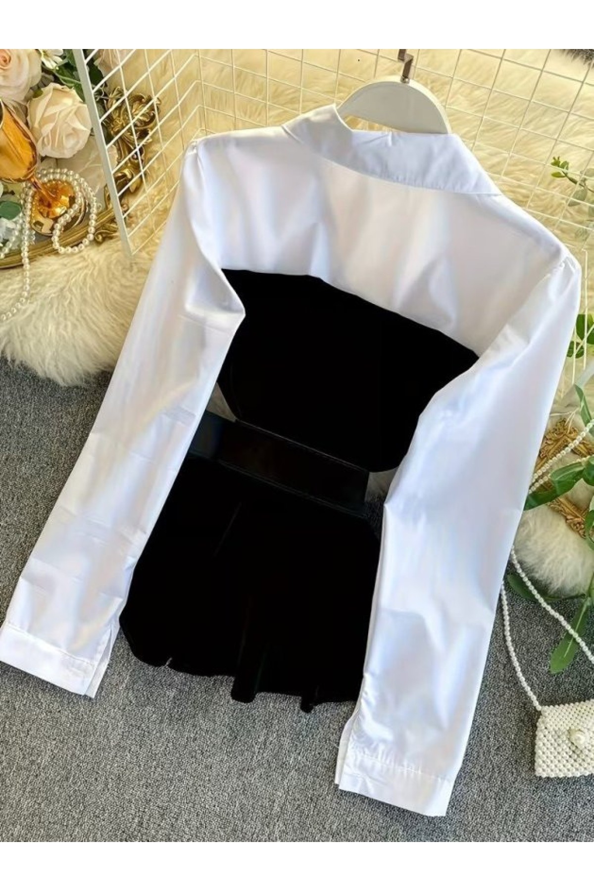 Kadın Uzun Kollu Yakalı Trikoton Ve Kadife Kemersiz Bluz Ve Kadife Short Ikili Takım, 39441