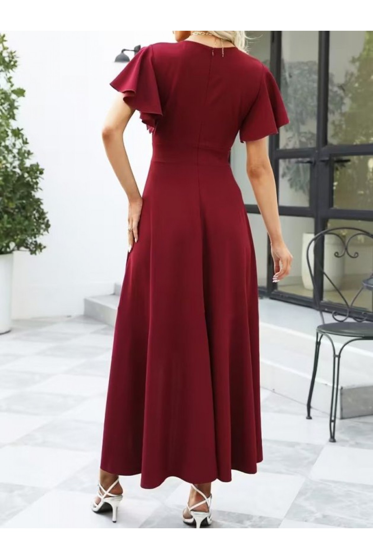 Kadın Kısa Kollu Kruvaze Yakalı ön Asimetrik Volanlı Uzun Ithal Krep Elbise , 32538