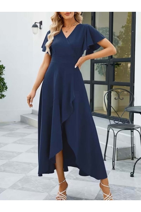 Kadın Kısa Kollu Kruvaze Yakalı ön Asimetrik Volanlı Uzun Ithal Krep Elbise , 32537