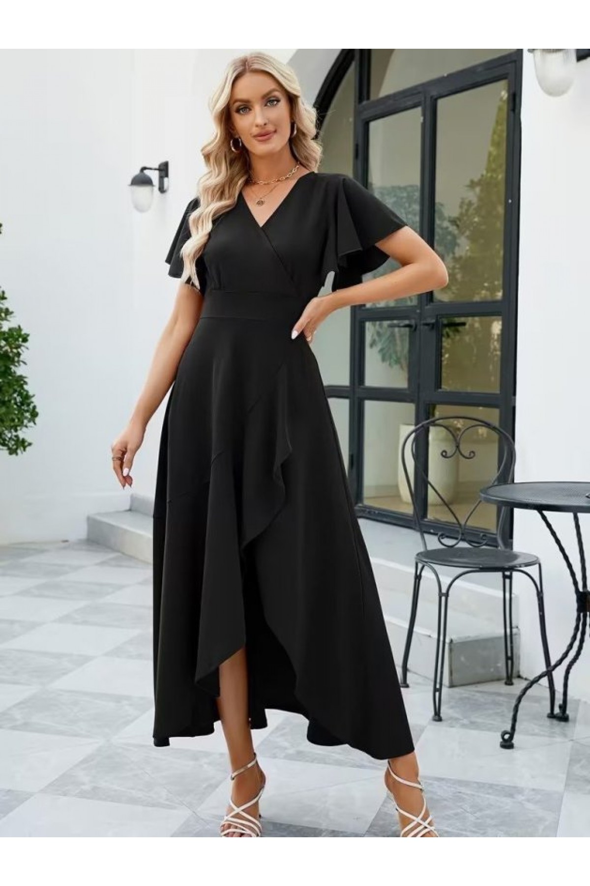 Kadın Kısa Kollu Kruvaze Yakalı ön Asimetrik Volanlı Uzun Ithal Krep Elbise , 32534