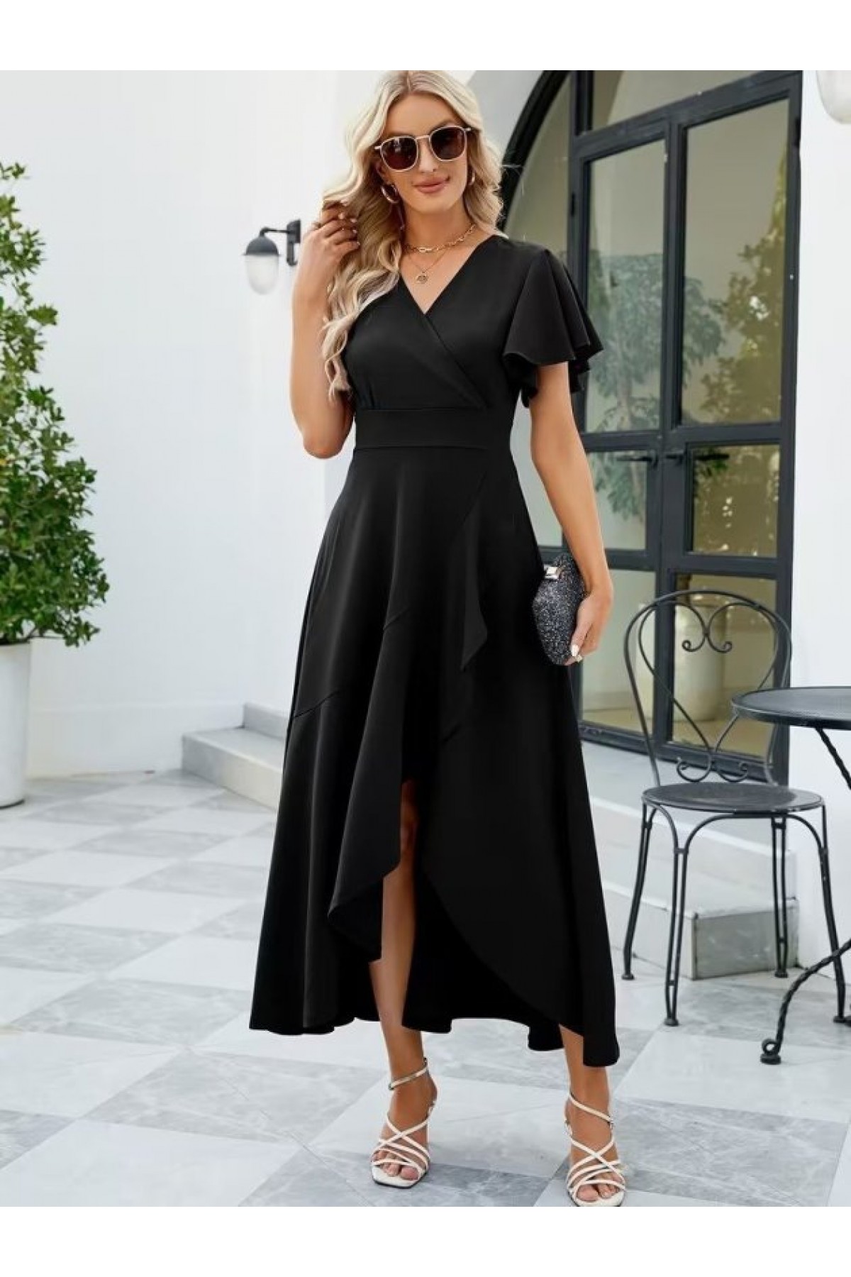 Kadın Kısa Kollu Kruvaze Yakalı ön Asimetrik Volanlı Uzun Ithal Krep Elbise , 32534