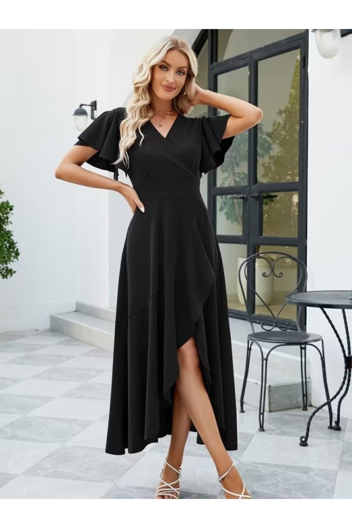 Kadın Kısa Kollu Kruvaze Yakalı ön Asimetrik Volanlı Uzun Ithal Krep Elbise , 32534