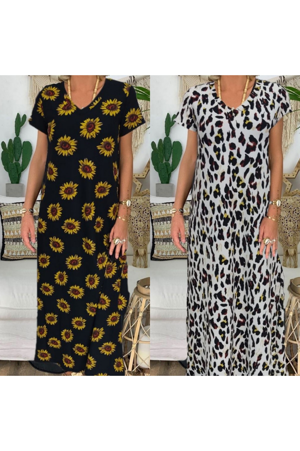 Kadın Kısa Kollu V Yaka Tam Boy Zebra Desen Pegasus Kumaş Elbise, 8774