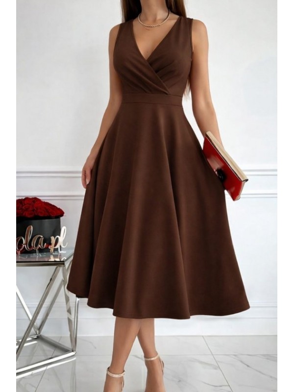 Kadın Ithal Krep Kumaş Kruvaze Yaka Eteği Kloş Kolsuz Mini Elbise, 33559