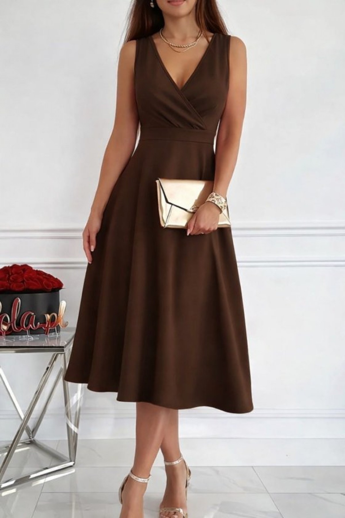 Kadın Ithal Krep Kumaş Kruvaze Yaka Eteği Kloş Kolsuz Mini Elbise, 33559