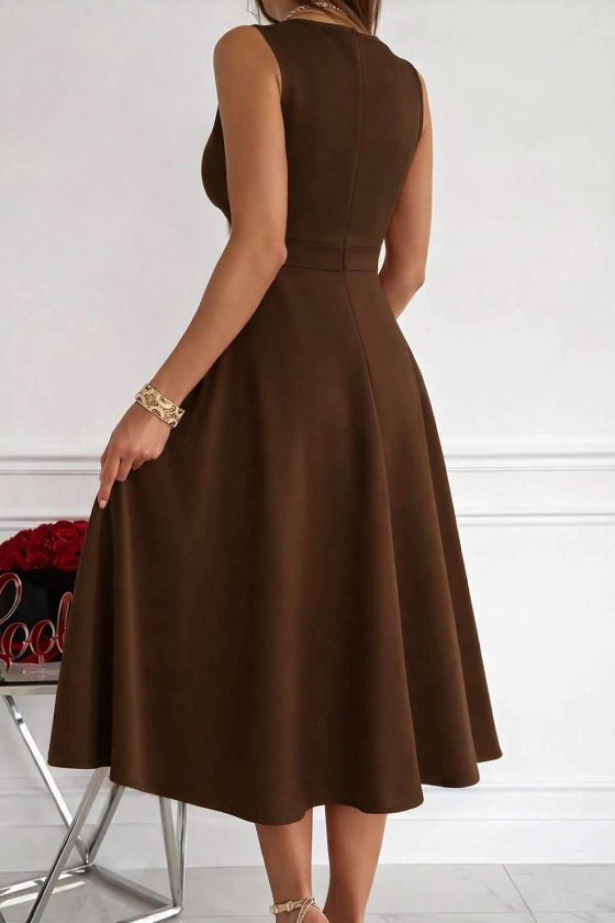 Kadın Ithal Krep Kumaş Kruvaze Yaka Eteği Kloş Kolsuz Mini Elbise, 33559