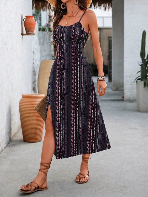 Kadın Ip Askılı Geniş V Yakalı Desenli Yırtmaçlı Süprem Midi Elbise, 33822